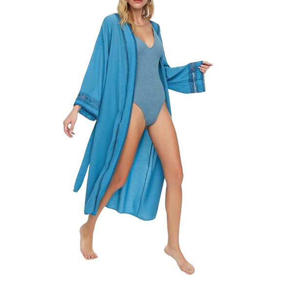 TRENDYOL Belted Midi Woven Self-Tie Kaftan Robe Lace-Trim V-Neck Turquoise Sz XL - Picture 1 of 14